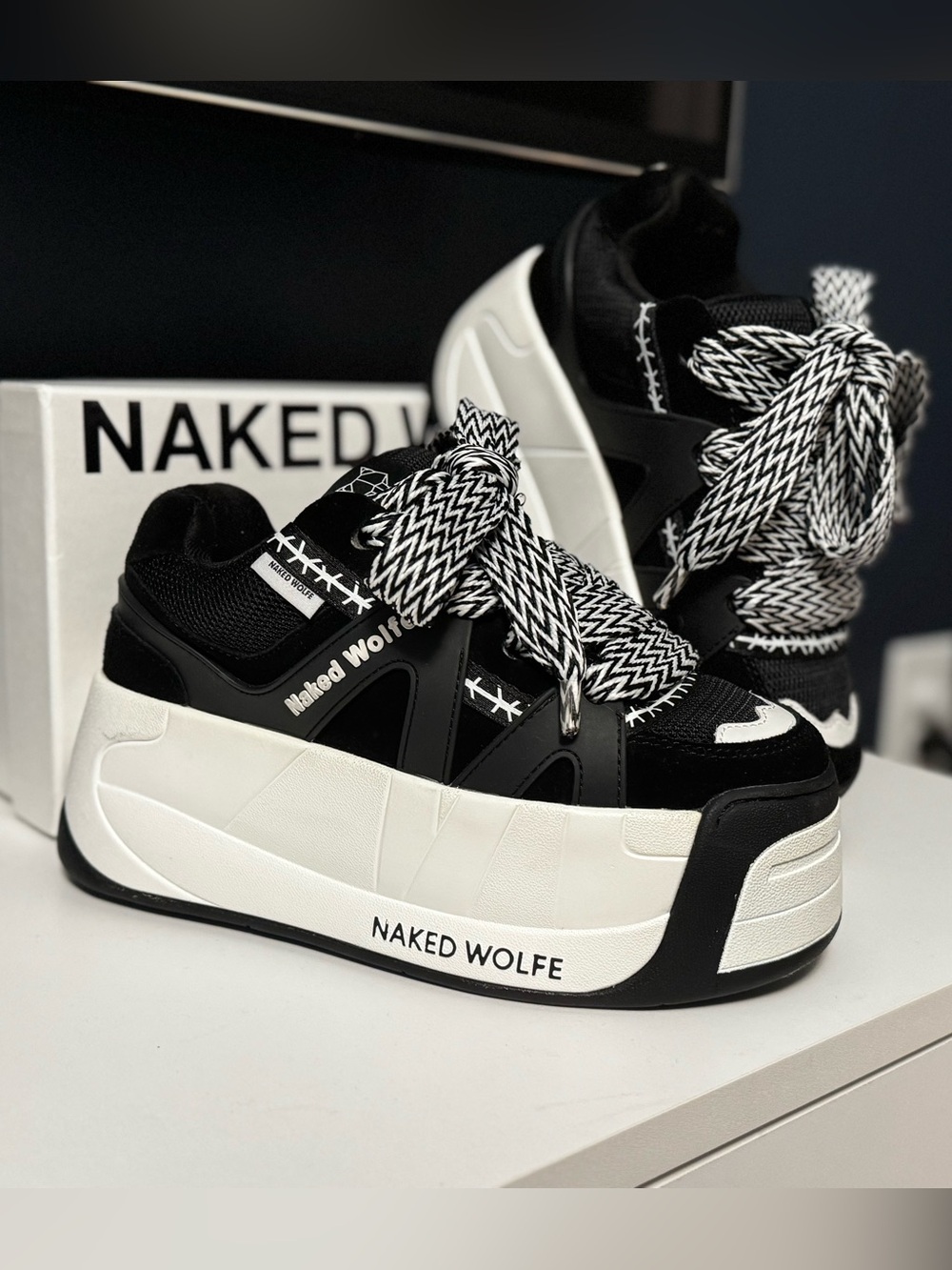 Naked Wolfe Black & White Platform Trainers with Graphic Laces